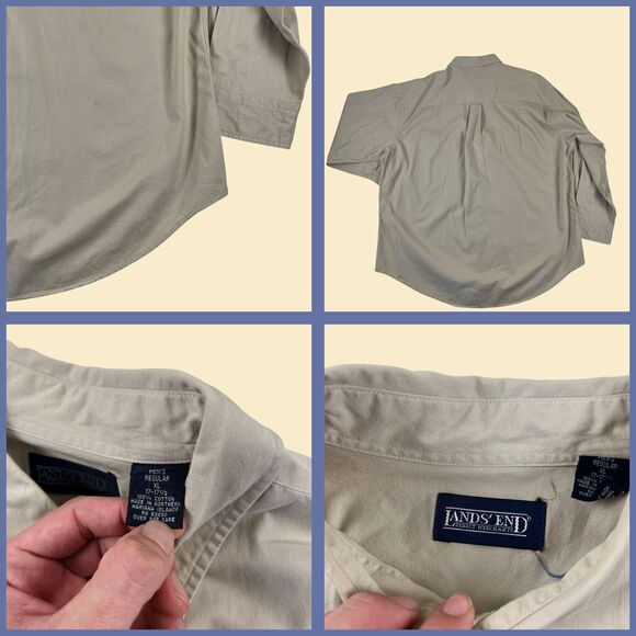 1990s Lands End XL shirt, vintage mens beige long sleeve button down top - Picture 3 of 10